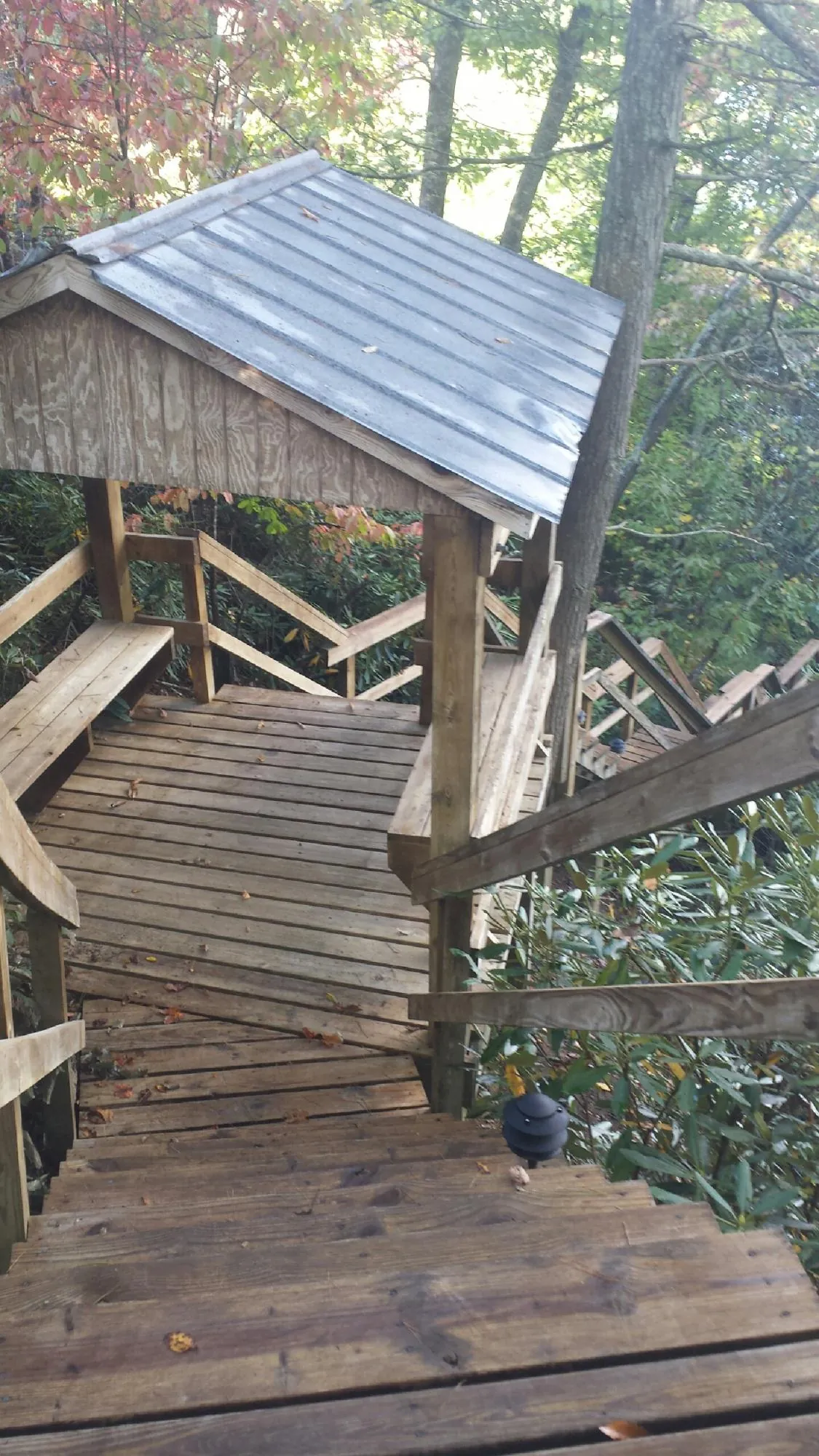 Metal roofed shelter over wooden steps on a wooded walkway — Skylight Repair & Installation work by our crew in Lingle